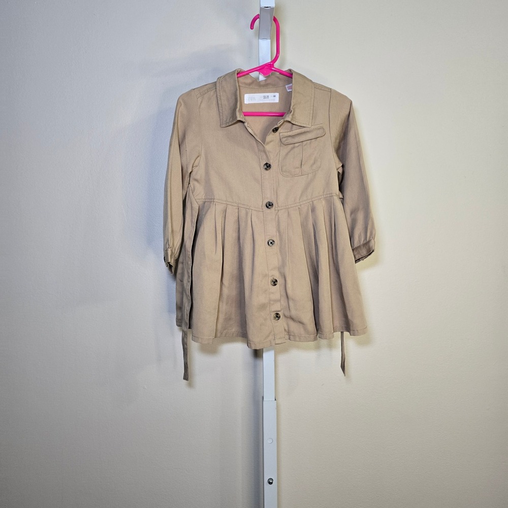 Zara Kids Girls Tan‎ Utility Button Front Dress Size 12-18 Months